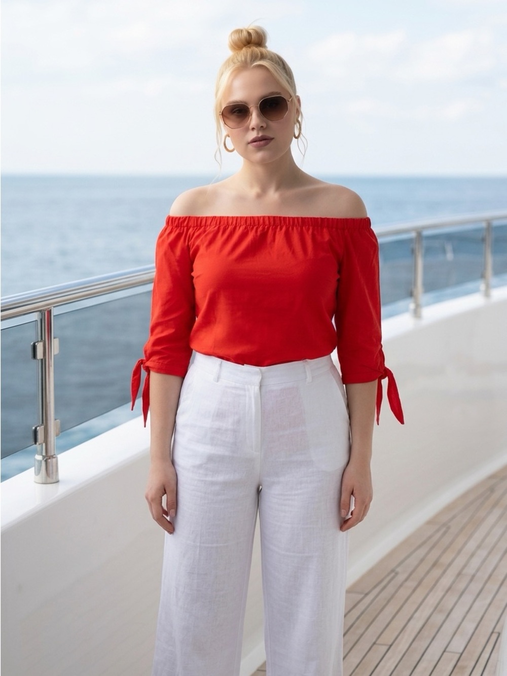 Women’s Red Off-Shoulder Tie-Sleeve Tunic